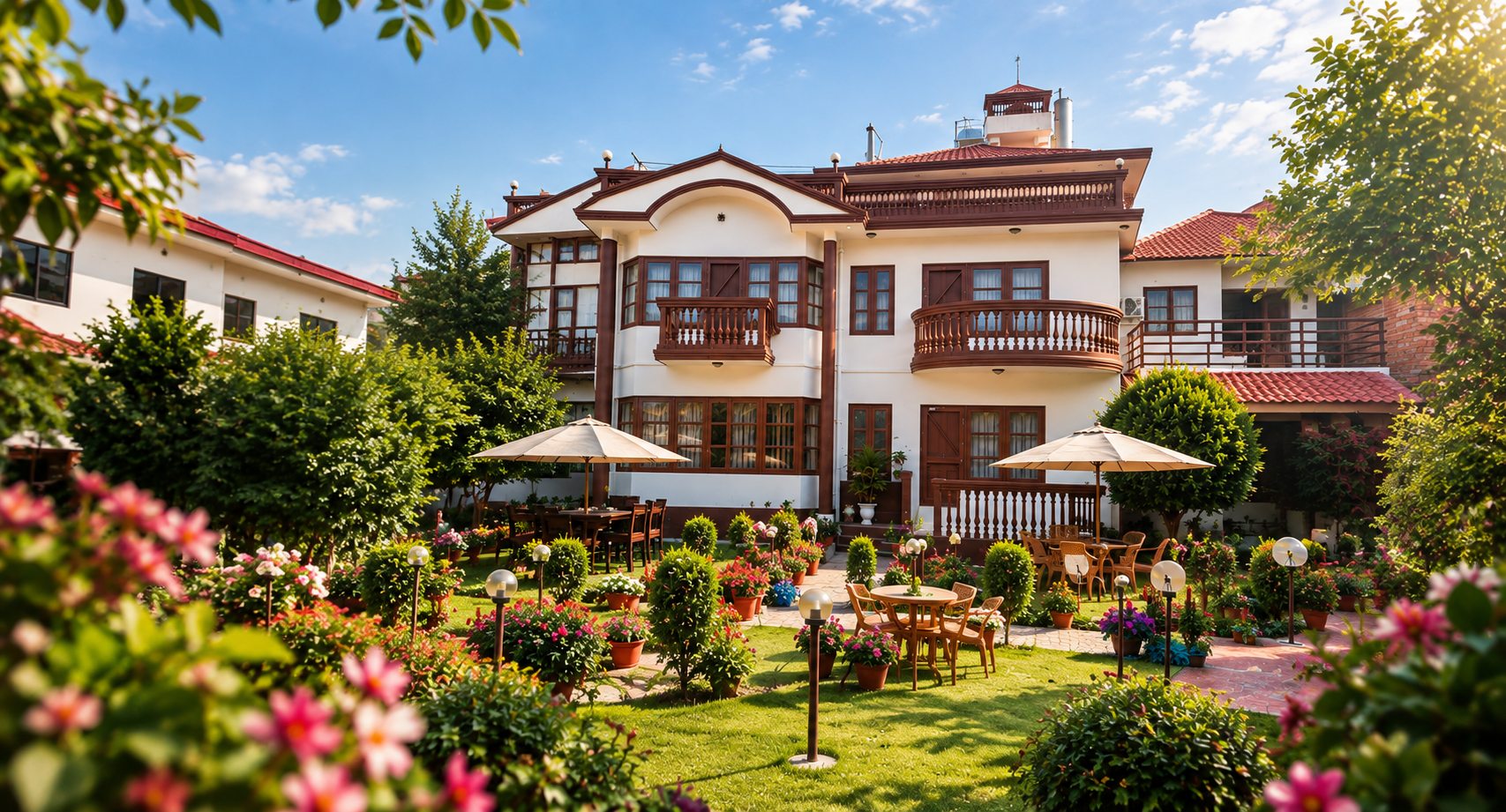 The garden and lawn in front of Serene Boutique Hotel on a sunny afternoon