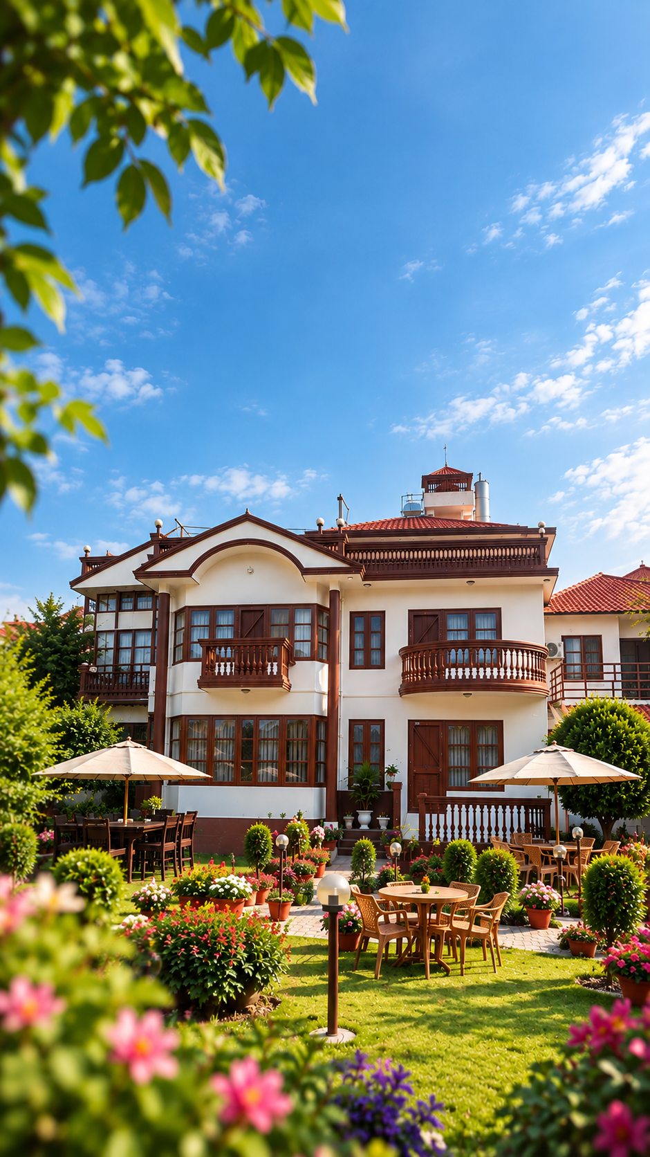 Serene Boutique Hotel and its garden under a blue sky